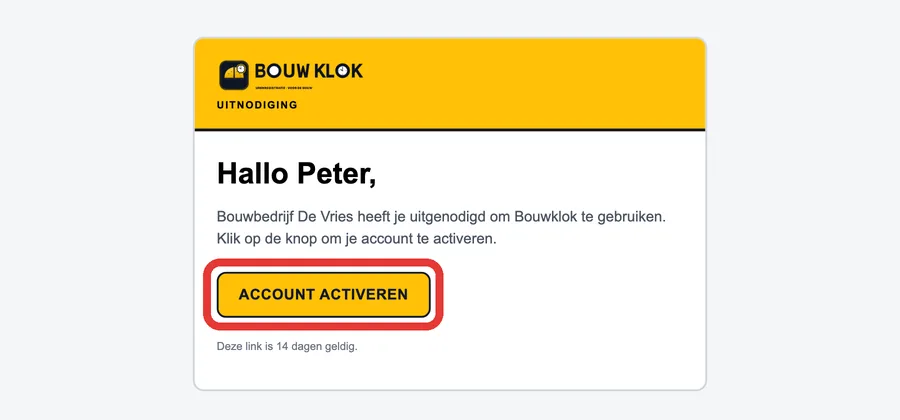 Pozvánka e-mailom s tlačidlom Account activeren