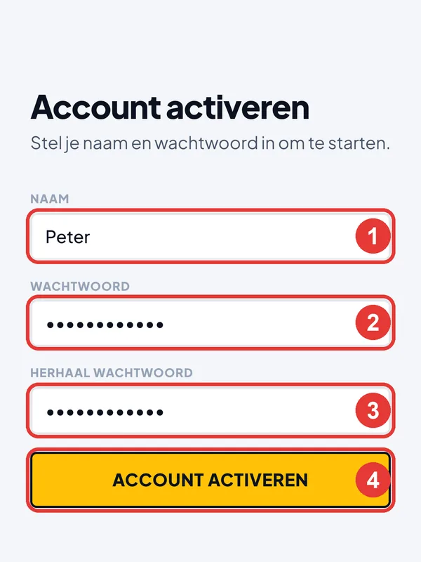 Obrazovka Account activeren s menom a heslom