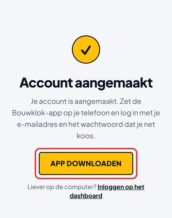 Obrazovka Account aangemaakt s tlačidlom App downloaden