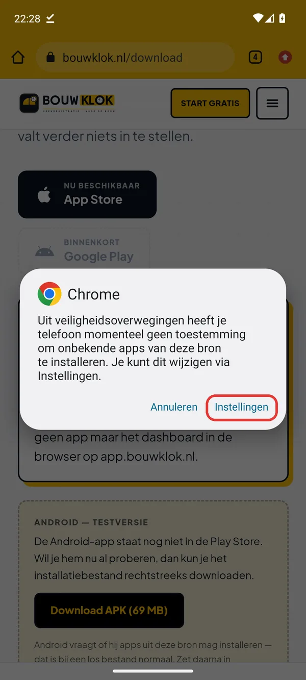 De melding over onbekende apps met de knop Instellingen