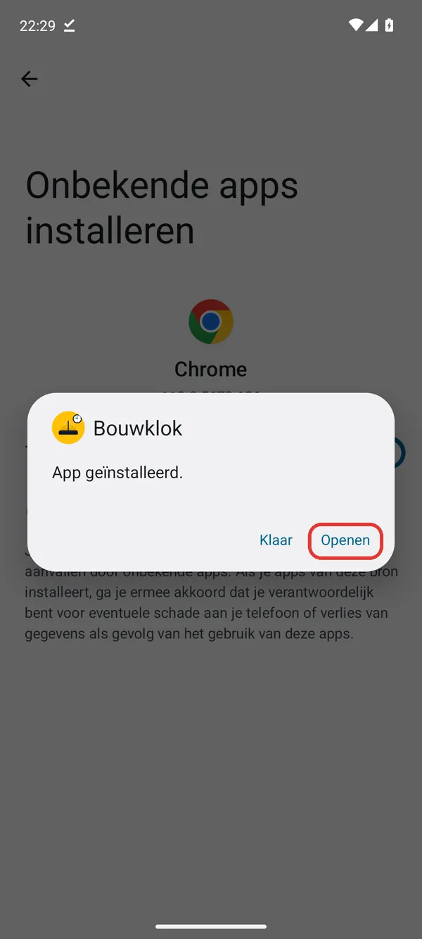 App geïnstalleerd, met de knop Openen