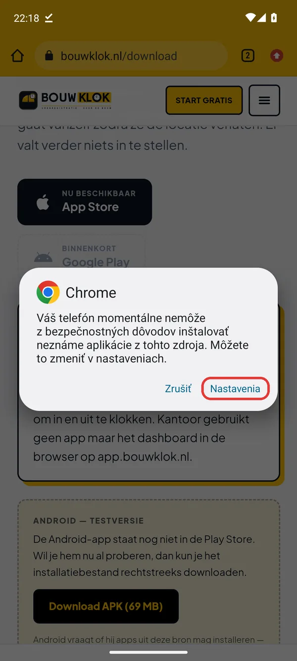 Hlásenie o neznámych aplikáciách s tlačidlom Nastavenia