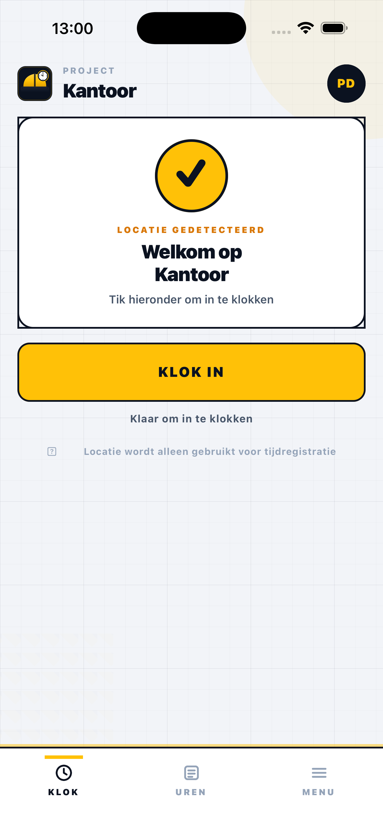 Bouwklok app — locatie gedetecteerd, klaar om in te klokken